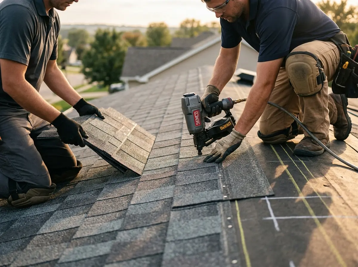 Professional roofer working on a residential roof in Fort Irwin